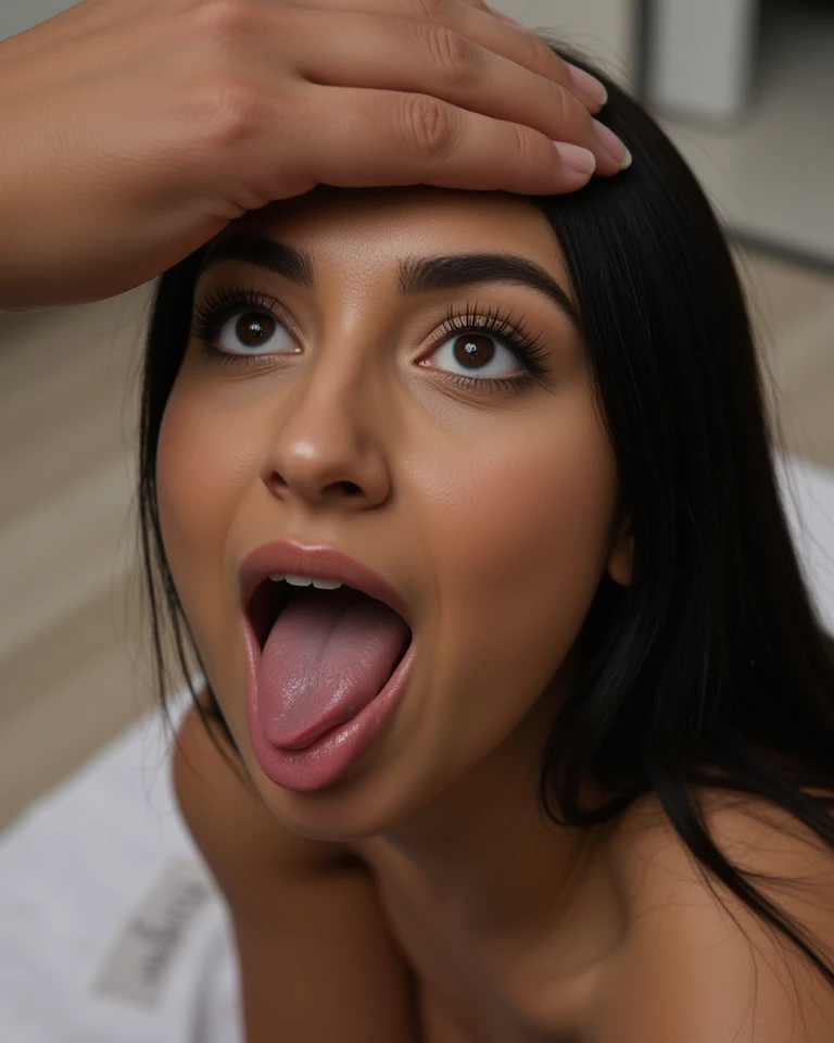 Lucia, nude, pov blowjob, from above, horny, enjoying, in her room, dick in her mouth ,  disgusted, frowning, red lipstick 