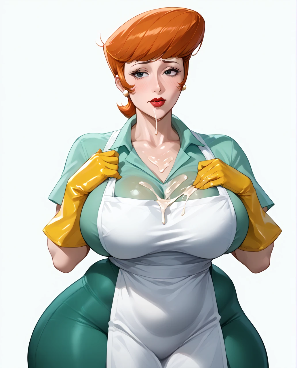 but short, Red hair, 5 fingers on each hand, yellow latex gloves, green dress, White apron, Sexy black stockings, garter belt in each stocking, panty roja sexy, you can see her naked breasts, very angry, shows teeth, in a kitchen, semen drips from her red pantie, splashed with semen on her breasts. Look straight ahead very angry, blushing, Look straight ahead. 