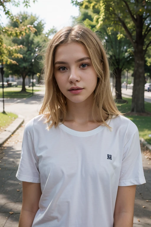 Slender, fair complexion, long blonde hair, piercing blue eyes, gentle curves, friendly smile, with a scattering of freckles. She's 12 years old. Baggy jumper and white t shirt and track pants, fully clothed, raw photo, looking away from camera. Flat chested. Blonde hair