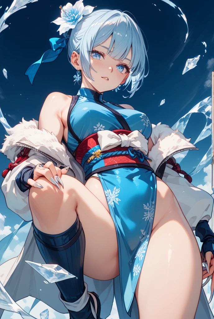 (photorealistic:1.3, highest quality:1.3,8Kmasterpiece, masterpiece:1.3,High resolution,muste piece:1.2),A 23-year-old woman bathed in a hot spring,(white leotard:1.3,choker), Clean wet skin, (looking at the camera:1.2),angle(Photo seen from below:1.3),(short hair:1.2,bright blue hair:1.5), (blushing:1.3,embarrassing:1.1,Smile:1.1), (full of sweat:1.3),Red rope,(rope bondage,Shibari:1.6, chest bondage:1.5),Pause(足を広げた大胆なPause,ダイナミックPause:1.2),background(open-air bath,steam,vapor,snow scene,snow mountain:1.3, sunrise:1.3),(Wet clothes stuck to my skin:1.4),(Nipples visible through clothing),(genitals visible through clothing),(Butt visible through clothes),(slender, abs:1.2),(young skinny gravure idol, sophisticated gravure idol),(detailed perfect face),normal hands:1.5,normal finger:1:5,normal feet:1.5,(cameltoe)