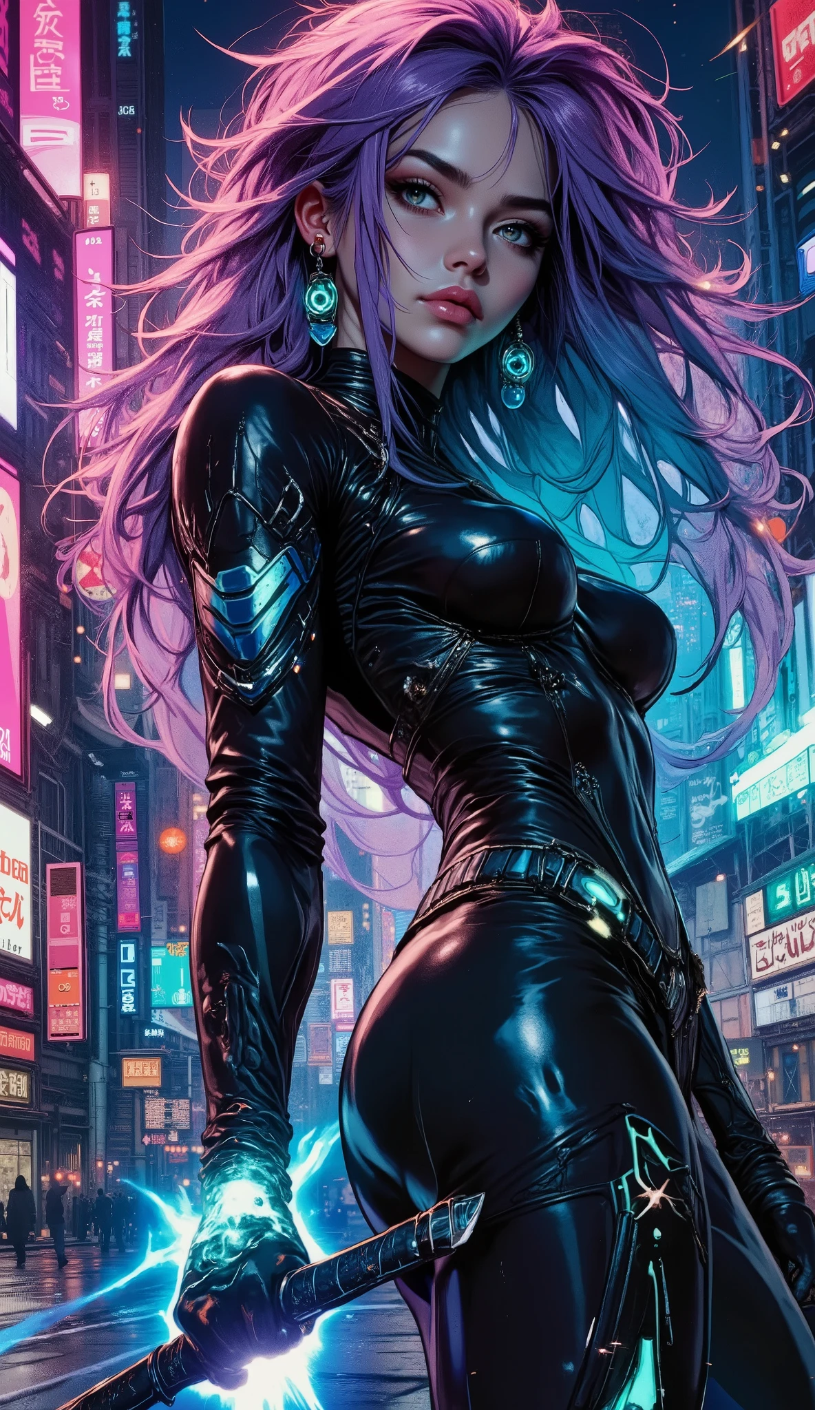 Anime-style artwork of Ultra Girl, a futuristic warrior girl with long gradient purple-blue hair, glowing teal eyes, and a sleek cyber-armor suit with neon-blue energy patterns. She wields a plasma sword, surrounded by dynamic light trails and electric aura. The background is a neon-lit cybercity at night with holographic billboards. Highly detailed, cinematic lighting, vibrant colors, anime shading style like 'Makoto Shinkai' or 'Fate series', 8k resolution, ultra-realistic textures, dramatic angle, action pose.