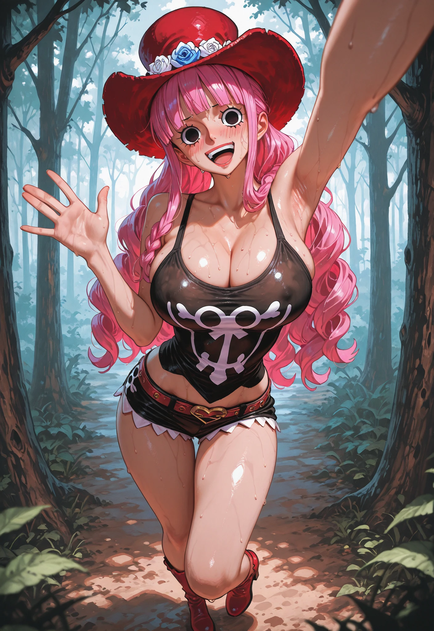 Young woman with long pink hair,large breasts and wide hips,wearing only flowery pink bra and short shorts,white boot,with a straw hat,with a sword sheathed at her waist,the hilt of the sword is golden