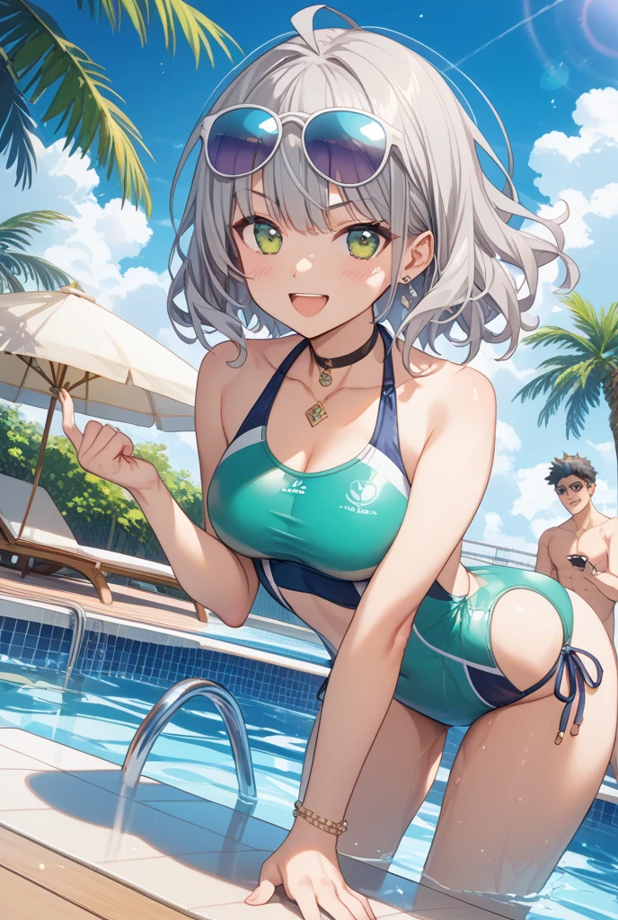 High level image quality best image quality 8K adult woman pool party sunset palm trees whole body view portrait bikini horn ears short hair((shortcut)(gray hair)(perm)(fluffy)) eye color is blue , attractive evil face , smile , sexy pose , labrynth , barearm , wearing white , looking up , sitting by the pool , crossed leg style in detailed , anklet , view foot arc , view from below