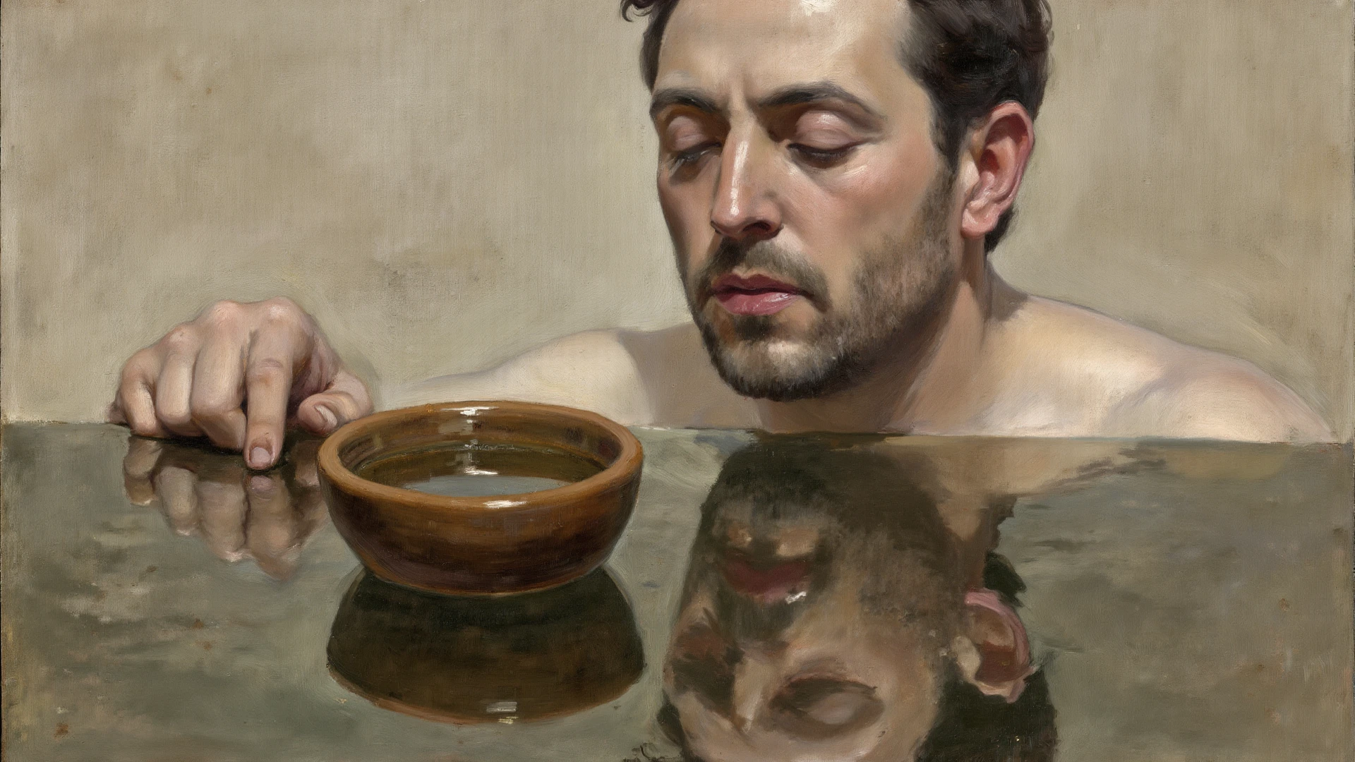A painting in which a naked guy lying down in the bed and drinking directly from the mouth of the pot
