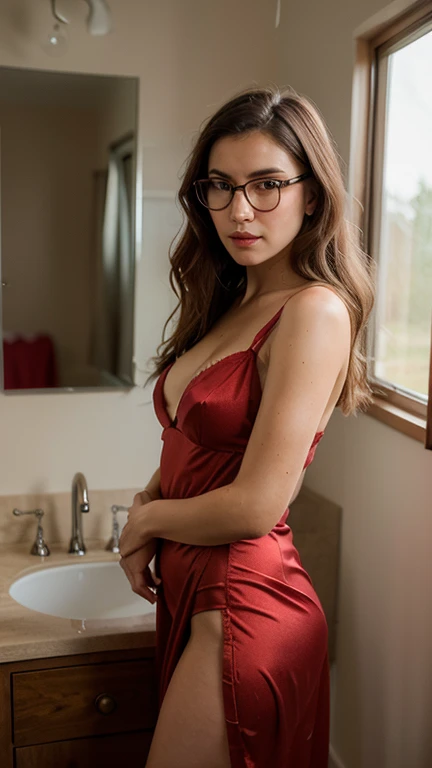 A woman in a hot pink blouse standing in a room with a table and chairs, side shot, extremely hot and sexy, from the side, side pose, side portrait, full length view, full body length photo, wearing glasses, looking from side, side profile photo, looking from the side!, back view, side view, side photo, full body wide photo, from the side.

Woman, ((Masterpiece, best quality)), full body view, detailed skin, highly detailed, cinematic lighting, ultra realistic, dark brown hair, medium hair, portrait, full body view, contrast, close-up, cinematic light, ultra-high resolution, RAW.

Woman with white skin and dark brown hair. She is around 40 years old, 165 cm tall and weighs 56 kg. She has a perfect mouth, a perfect face. Her body exudes glamor and her face is a definition of beauty. Slender body, thin waist. Highly realistic, hyperrealism, very elaborate skin, perfect face. Clear Photo, High Resolution, High Quality, Masterpiece, 16K Photo, High Contrast, Masterpiece