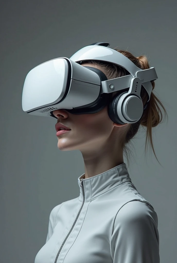 A muslim woman wearing a VR Helmet in a pure and white environment, Editorial Style Photo, photo realistic, eye level, 4K