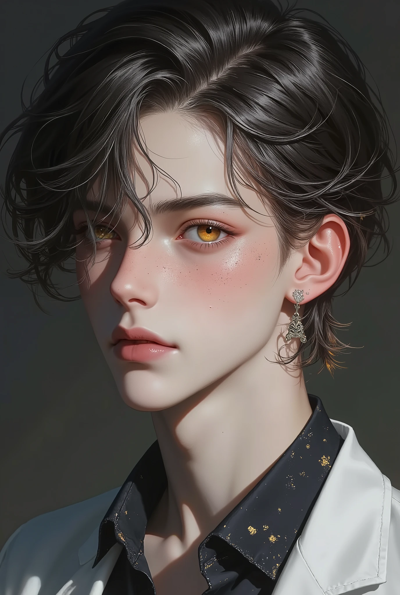 ((Top Quality, 8K, Masterpiece: 1.3)), Sharp Focus: 1.2, (Young male, handsome, One Bangs Cover Right Eyes, Tied-Back hair, Medium hair, jfcut, Gold Amber Eyes, Flawless Eyes, ((Multicolour hair : Black, gold, and Silver)), freckles ,male focus, handsome man, thickly painted, semi-realistic art, semi-realistic art style
