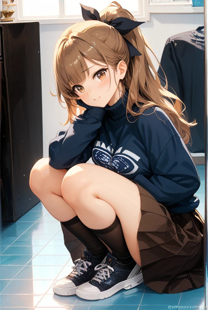 ((best quality)), ((masterpiece)), long pencil skirt, shirt, puffy nipple, full body, squatting,