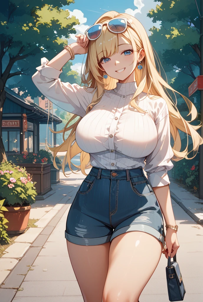 ((masterpiece)), ((best quality)), (ultra-detailed), ((cinematic light)), ((extremely detailed)), 1girl, 20 years old, long blonde hair, parted bangs, blue eyes, (blush), (smile), happy face, upper body, (voluptuous:0.9), ((huge breasts)), (white tank top), (denim short shorts, walking on the street