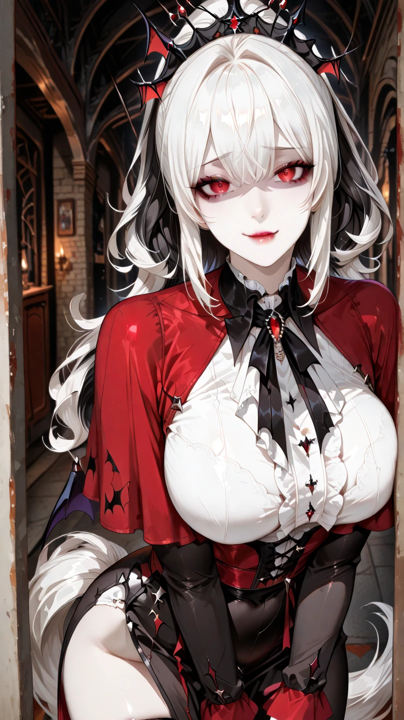 (((Best quality, 8k, Masterpiece: 1.3)), ((best quality)), ((masterpiece)), (detailed), vampire、Vampire Girl、Silver Hair、Red eyes、Sharp Fangs、Black Cape、Ruthless smile、Spooky Western-style building