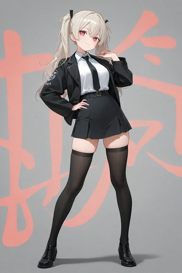 1girl, master part, best quality, Alta Qualidade, Olga_Marie, Branco_Hair, laranja_olho, cabelos longos, cabelo entre os olhos, mangas compridas, suit jacket, Ascot vermelho, vestir, saia, knee tights, cabelos muito longos, cowboy shot,