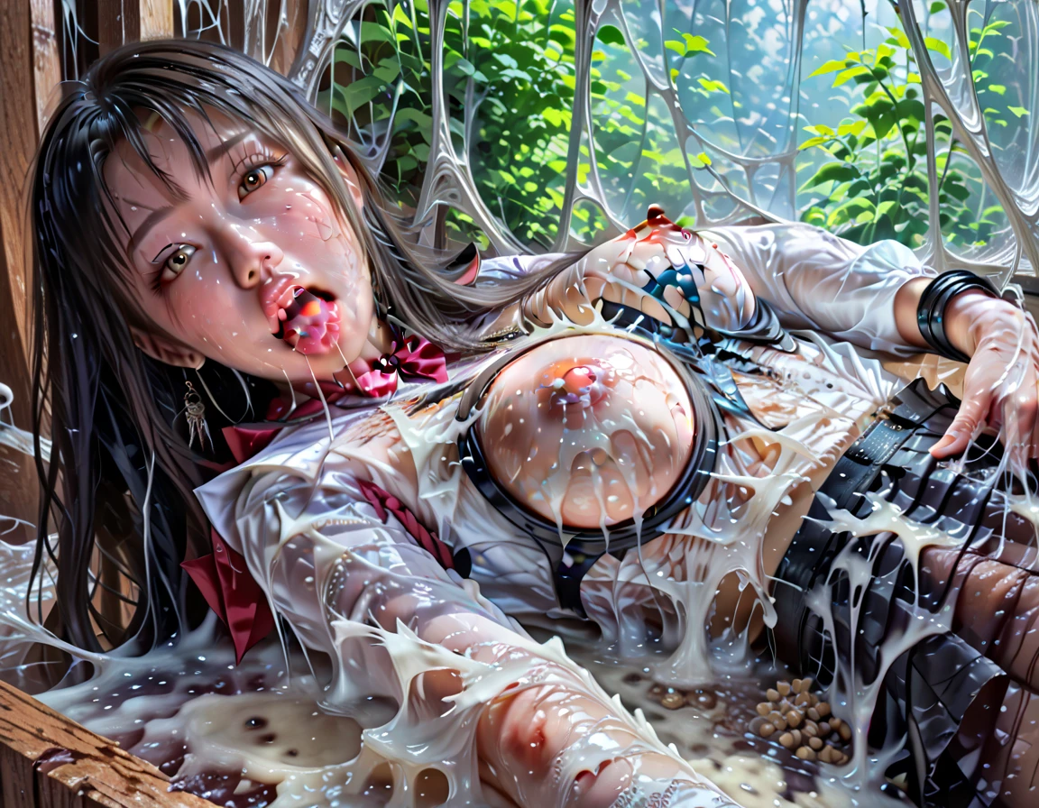 official art, Best Quality, ultra-detailed, high resolution, unity 8k wallpaper, extremely detailed CG, white skin, cute face, 12 years old, cute girl, Beautiful black hair, close eyes, flat chest, small build, minimum, No muscles, gothic, magical girl, little naughty, (((cry and fear, despair))), (((((excessive cum on Whole Hair))))), (((((excessive cum on facial))))), (((excessive cum all over girl's hair))), ((((excessive cum on body)))), (((cum stained body))),
Inside the abandoned house, black smoke, bokeh