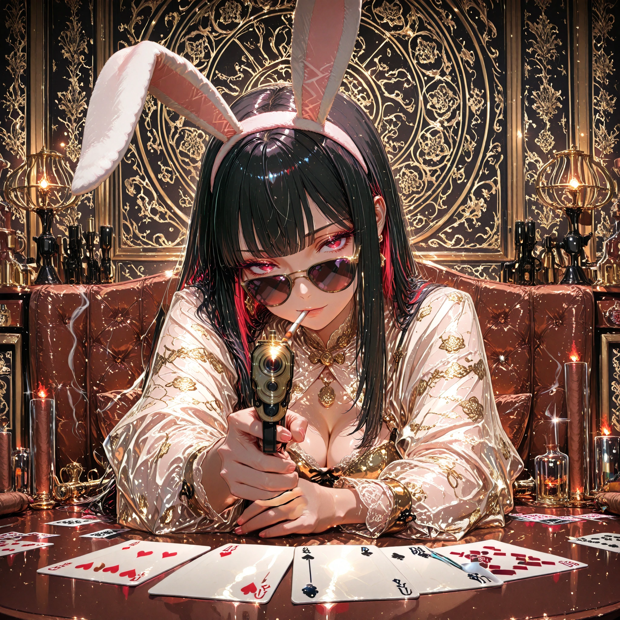 beautiful woman, mafia boss, black hair with red highlights, red eyes, soft straight hair, villain style sunglasses, wearing a cute white rabbit headband, subculture mafia style dress, stylish outfit, holding a gun with one hand, aiming the gun toward viewer, cigarette in mouth, confident and charismatic pose, body centered, surrounded by mafia-themed objects in background, guns, playing cards, stacks of money, cigars, gold accessories, arranged in a radial pattern around her, decorative wallpaper-like background, subtle depth and shadows, long eyelashes, (Sensual eyes, feature double highlights), 8k, UHD, masterpiece, (high quality), best quality, absurdres, ultra detailed