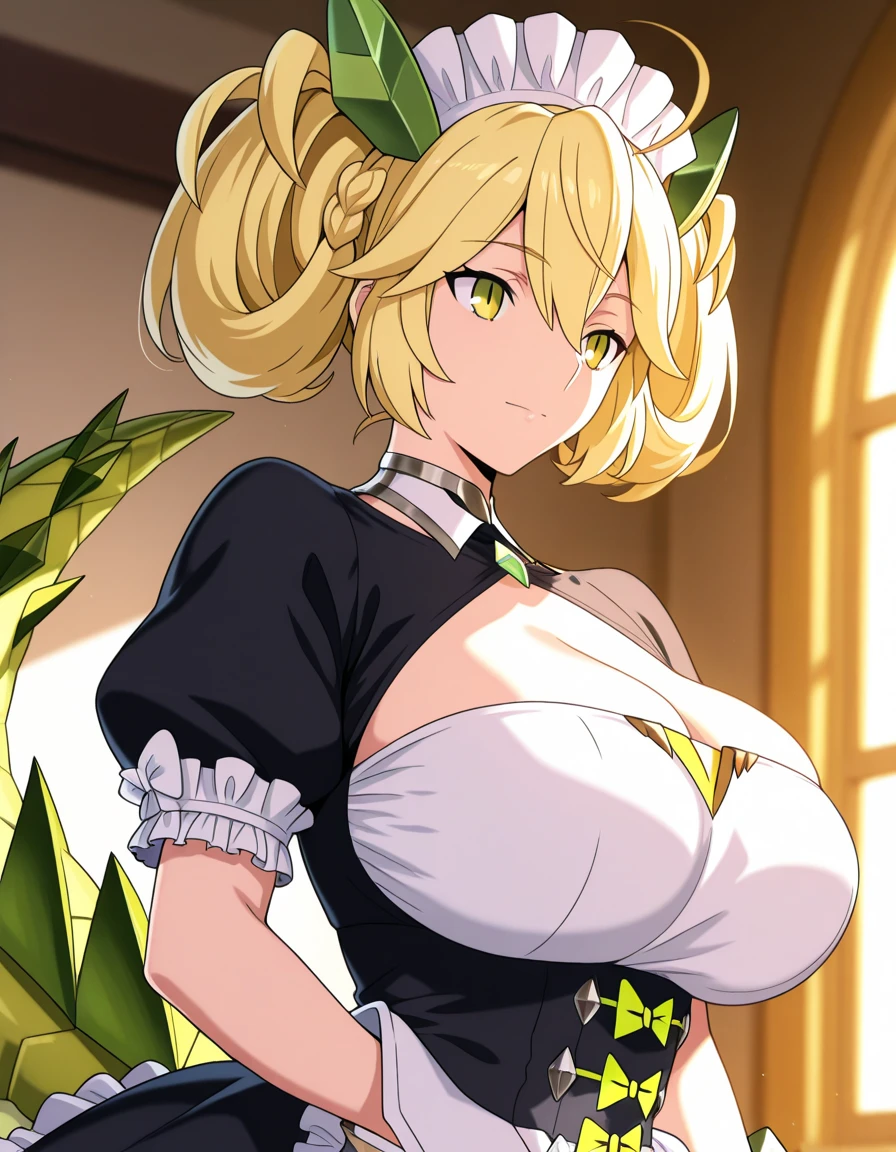 (One girl)、(shoulder length hair)、((Blonde))、（Sato Air）、boyish、(Big super breasts)、[Chubby]、beautiful girl、green eye、Maid clotheini skirt、White sleeveless、((hairs between eyes))、((thigh-high socks thighhighs))、(long gloves)、say、White Background、flipped hair