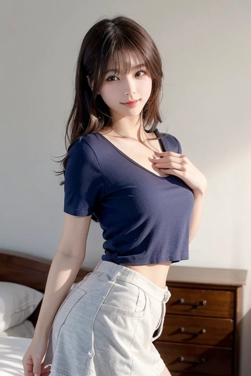 brown hair、short bob, masterpiece, best quality, photo, japanese 17 years old high school girl, micro mini pleated skirt, shirt unbuttoned and open, nipples visible, not wearing bra, not wearing panties, lying on bed, viewer can see female genitalia and nipples, front, provocative smile on viewer's face, Full body figure, baby face, Bold Pose, Big breasts、(Perfect Hair:1.2), Crotch open, hands behind back