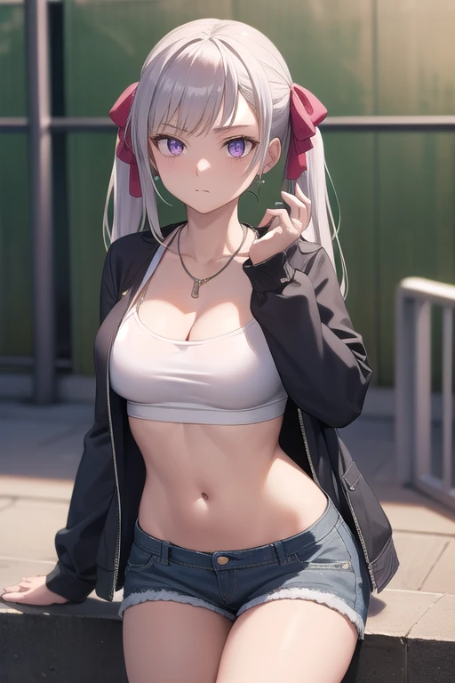 (silver hair:1.3), long hair, ribbon, twintail, red eyes, 1girl, shorts, jacket, ribbon, cleavage, solo, looking_at_viewer, large_breasts, wet, off_shoulder, bare_shoulders, navel, wet_clothes, short_shorts, thigh_strap, open_clothes, hands_in_pockets, midriff, black_shorts, standing, open_jacket, collarbone, outdoors, clothes_writing, (bokeh:1.3), backlighting, hollow eyes, red eyes, looking at viewer. glowing eyes, (heavy breathing:1.2), (annoyed:1.2), parted lips,