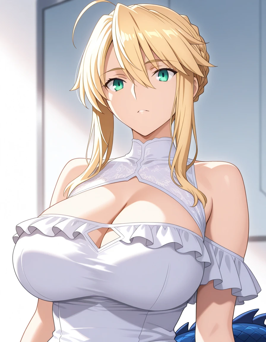 (masterpiece, best quality, detailed illustration, high resolution), ((1girl, solo)), ((huge breasts, large breasts, slim waist, long legs, fit body, toned body)), ((full body, closeup view)), ((standing)), ((looking at the viewer, facing the viewer)), office setting, ((fair skin)), oiled skin, ((large breasts, mature woman, mature female, mature lady)), (detailed eyes, good eyes, better eyes), ((standing)), (blonde hair), ((casual clothes)), (massive breasts), (long hair), ((milf)), (visible cleavage), (blue eyes), (choker),