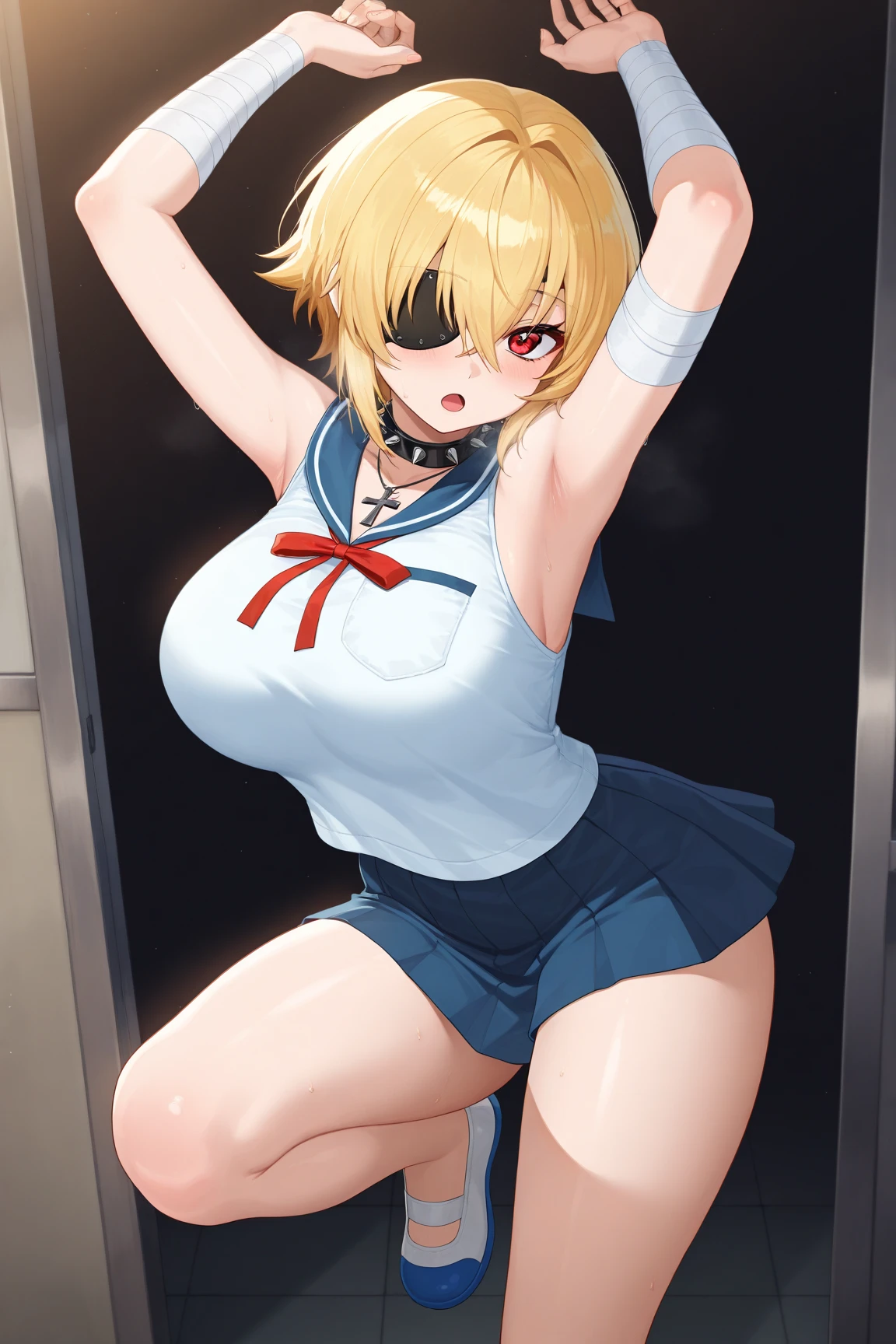 score_9, score_8_up, source_anime, 1girl, BREAK edgSexplorer,hair ornament,white elbow gloves, breasts, bare shoulders, collarbone, side ponytail, pleated skirt, shoes, white thighhighs, blue skirt, zettai ryouiki, large breasts, dumb expression, looking at viewer