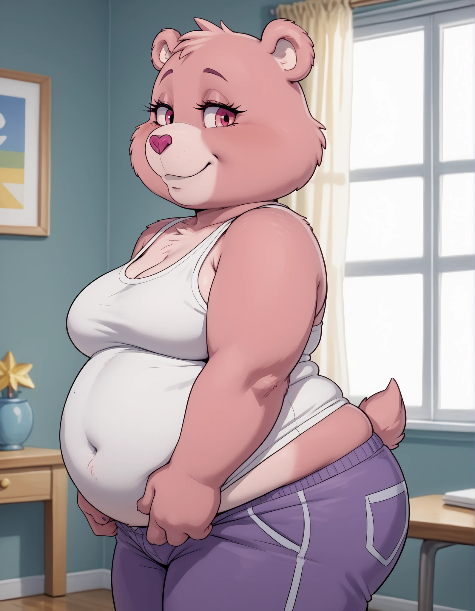 Grams_Bear,grams_bear girl,((rainbow on her belly)),((nude)),((very drunk)),((staggers)), ((ate too much)), ((force ate)), ((exhausted)),earrings,necklace,short,pink fur,pink body,pink tinted purple body,pink tinted purple fur,heart shaped nose,(eyelashes:1.2),long eyelashes,young,chubby,((vore)),((slumped on a couch)),thick thighs,paws,bear paws,uploaded on e621, (intricate:1.1), (high detail:1.2), (masterpiece, best quality, 4k, 2k, shaded, absurd res),