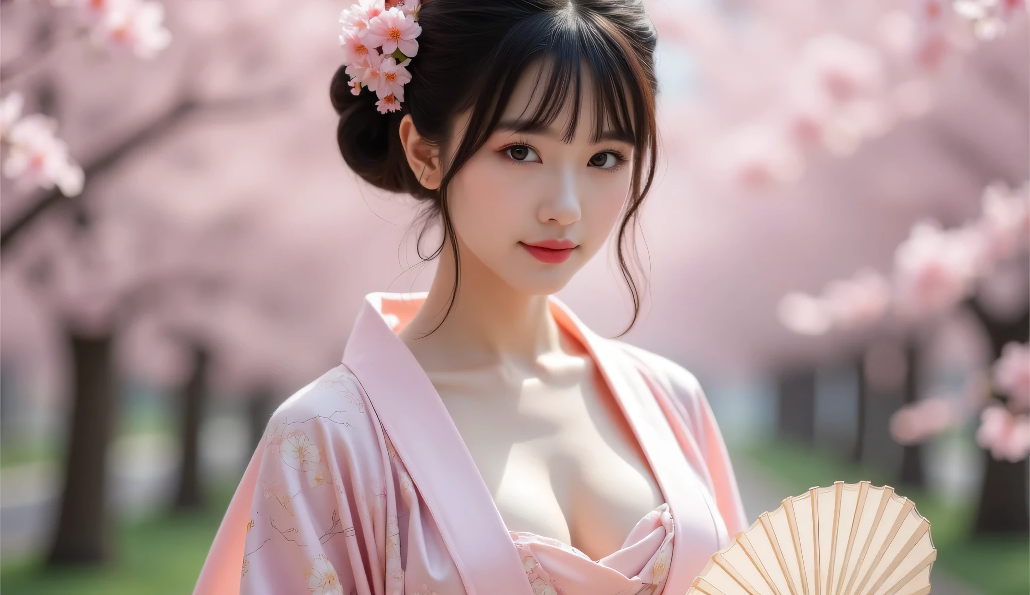 1girl, kawaii, extremely cute face, Amazing face and eyes, (highly detailed eyes, highly detailed face), (floral pattern kimono:1.2), (kimono with open front), (bare shoulders), caute smile, (best quality:1.4), (Ultra realistic, high res), Raw photo, (realistic, photo-realistic:1.37), professional photography, cinematic light, Temple, cherry blossoms,