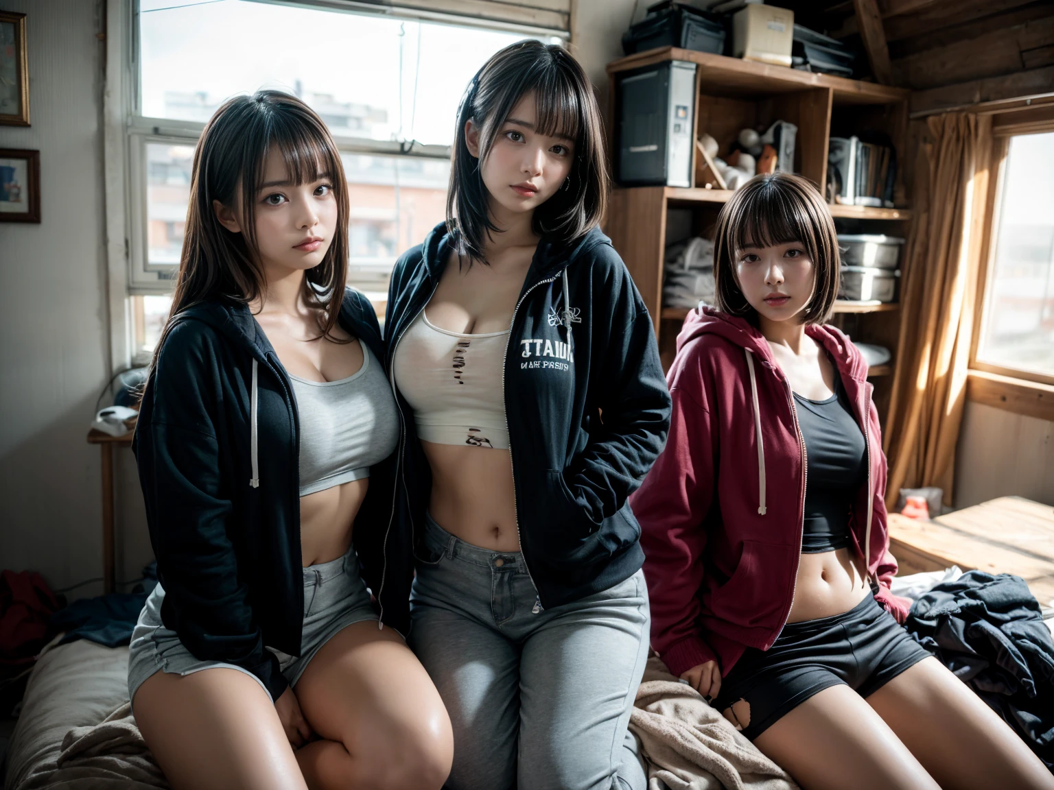 body builder, musuclar, hoodie oversized, big assa, 1girl, strong shoulders, shapely body,perfect proportion of body,Long russet hair, tmasterpiece, Best quality at best, shoe, full bodyesbian, posed for photo, beautifully color-coded, sockes, Tight hip leggings on white background, studio, looks away, Covered with a hood