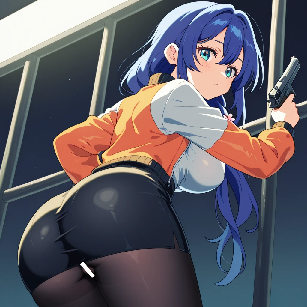 cowgirl's massive rear butt cheeks from behind out of bottomless spaghetti strap tank top out bare and wet boots spreading her legs, gloved hands hidden behind head, sunglasses
