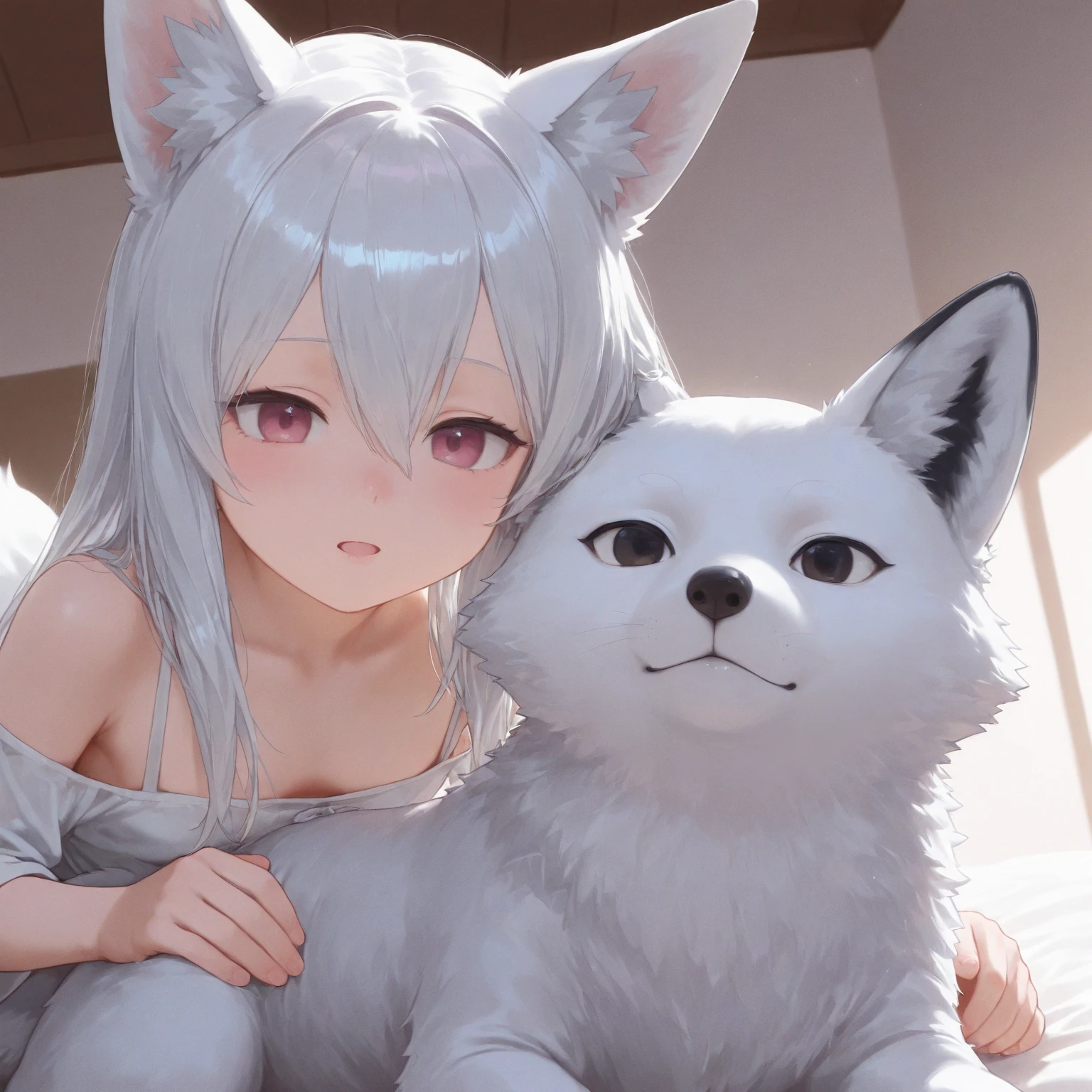 big breasts:1.5、、highest quality、very detailed、Very realistic eye masterpiece、highest quality、very detailed、gray hair、perfect face、long hair、white dress、sundress、Sex with dogs、