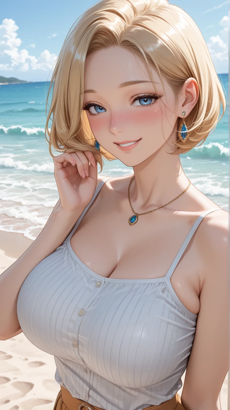 One Woman, Highest quality, masterpiece, Super Resolution, super high quality, Large Breasts, Idol, Beauty, ((From the front 1.2)), Cleavage, 8k, High resolution eyes, High-resolution contours, ((Forehead visible 1.3)), Stylish, High-resolution pupils, blush,  High resolution face, High resolution breasts, Ultra HD, Open your mouth, Upper Body, High resolution mouth, Sexy body, ((Super cool face 1.5)), ((Hanging 1.6)), Broken bangs, Yellow Eyes, model, Mature Woman, Adult women, Beautiful clavicle, High resolution hair, Mother, maternal, Underboob, Sideboob,  Married Woman, couple, super beautiful, Charm, Alluring, Open your mouth, Blonde, short hair, Micro Bikini, Beach, 