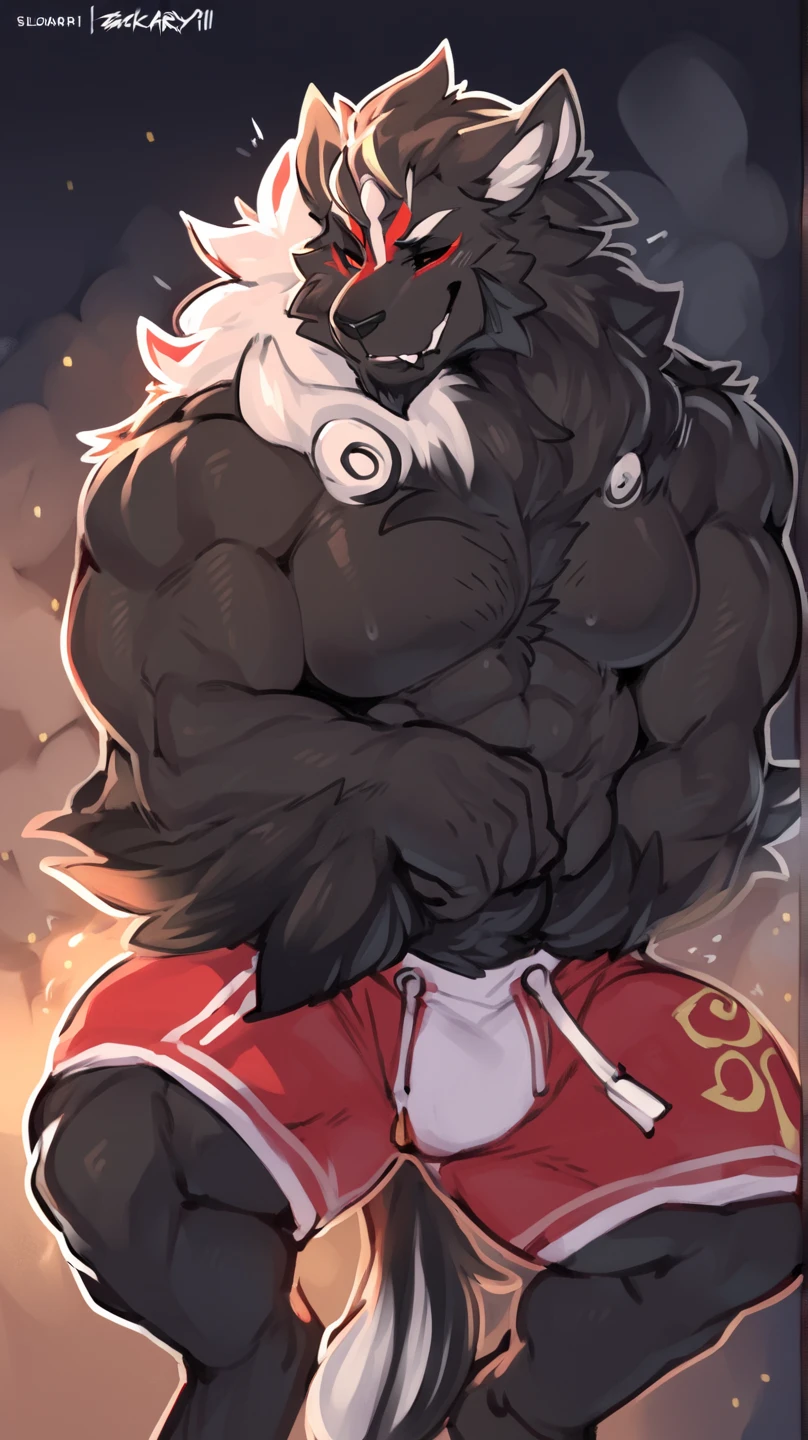 solo, 1boy, Huge Muscular Old Grizzly Bear wearing glasses , pectoral, huge pectoral, wide pectoral, short white hair, black MMA shorts, black MMA gloves and shirtless and topless , white bearded, Mustache, MMA tournament cage ring background, masterpiece, high detailed, 8k, high resolution, front side, at the tournament rasing up two armes flexing victory as the champion,  veins popping, growling, snarl