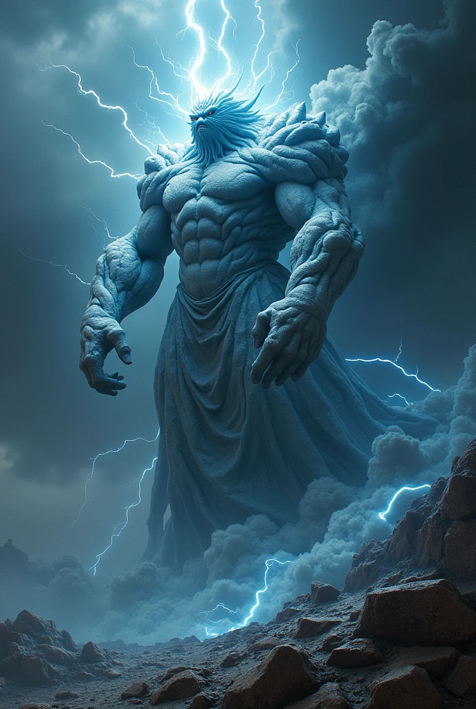 Height: 30 meters Appearance: Zephyrion tem uma forma humanoide, with a translucent body made of mist and swirling winds. Your skin appears to be composed of constantly moving clouds, alternating between shades of gray and white. His facial features are subtle, with bright eyes that flash like lightning in a distant storm. Your hair is like flowing air currents, never stopping, and her body is slim and athletic, with long arms and legs that give a feeling of lightness and agility. He has no hair, Its strong, and your body is only from the waist up