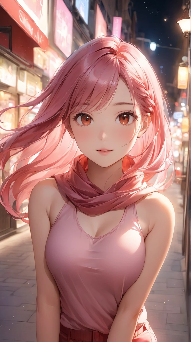 ,Optimal,masterpiece,High resolution,Highest quality,Hyper HD,Very detailed,Award-winning,16K,alone,(Upper Body),Correct Anatomy,Beautiful Cyberpunk Girl,Cowboy Shot、Cute Face,,Pink Hair、Long Hair、Twin tails、Braiding, Hairline,((Scarlet Eyes)),Long eyelashes,Drooping eye corners,White skin,Shoot from the side, ((See-through camisole:1.5)), 、rocket , (Because I'thin),Big Breasts