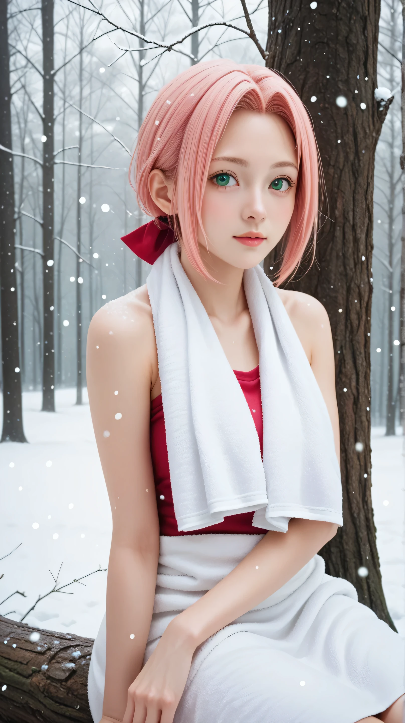 1girl, solo,haruno sakura,emerald eyes,pink hair,short hair,outdoors,snowfall,potrait,low ponytail,(wear white towel:1.4),winter background,forest, sitting uder tree
