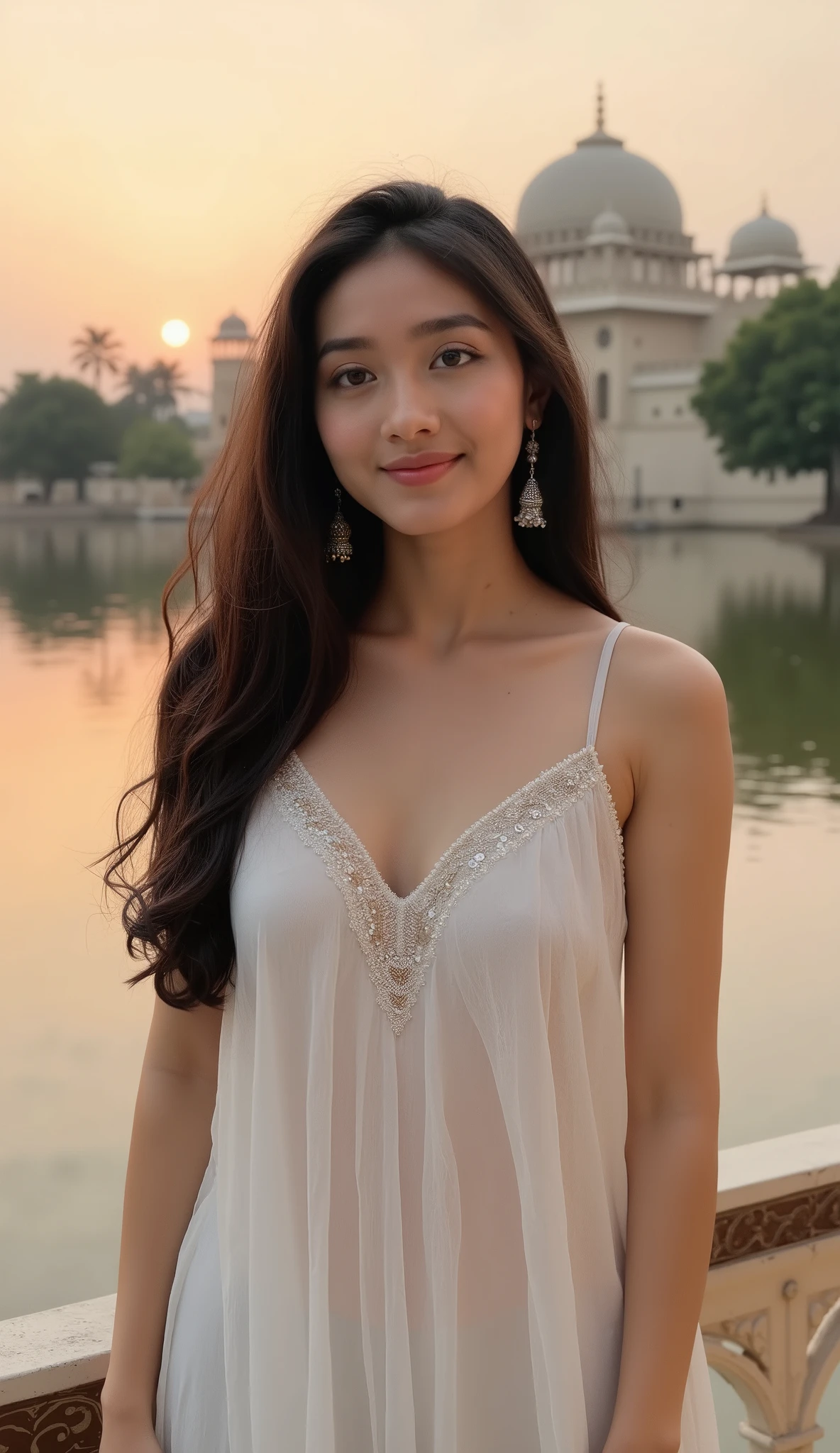 A beautiful Indian girl, 20 years old, fair skin, long black hair, big almond-shaped brown eyes, slim figure, heart-shaped face, soft natural makeup, ultra realistic, high detail, consistent face, photorealistic, full body, same character, “A beautiful Indian girl in a flowing white maxi dress standing near a royal lake palace at sunset, with golden light reflecting off the water, soft breeze, wearing silver jhumkas and smiling gently – cinematic photography, ultra-realistic, Rajasthan vibe”