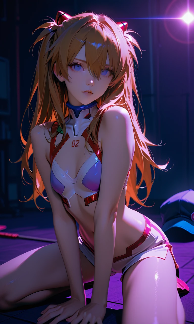 (top quality/最高masterpiece/high resolution)Beautiful Breathtaking Illustrations, solo:2.0, from the front:1.21, beautiful Japanese woman, dynamic pose, squatting, in serious hair put your hands on the ground , ((Evangelion)), (Soryu Asuka Langley), Put your hands on your hair, (Soryu Asuka Langley: Evangelion), (8k, top quality, masterpiece), (realistic, SUPER FINE CLEAR), Long bangs :1.5, realistic Light, long hair, skinny body, brown hair, dark purple eyes, long hair with cat ears, Soryu Asuka Langleyのプラグスーツ着用:1.6, Cowboy Shot, white eyes, Accurate Human Anatomical Ratio, Tiny Head, flat chest:1.05, Detailed depiction of skin, detailed clear eyes, erotic, Beautiful Lamb, EvangelionのSoryu Asuka Langley, Cyberpunk Cityscape with Honeycomb Patterns, light shining on my face, Shining like a prism, stare at viewers wearing tennis hats, lens flare,(clear eyes/No Blur)