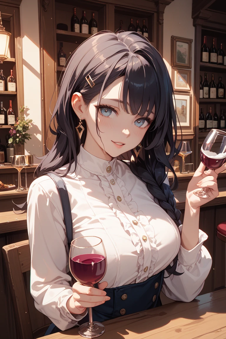 Beautiful girl, rosto angelical, face detailed ( extremely sad expression),  (melancholic), holding a glass of wine, sitting at the counter of a wine cellar, blue eye, dark hair, work of art, ((ultra detaild)), ((4K)), depressed, tears in the eyes, having a drink