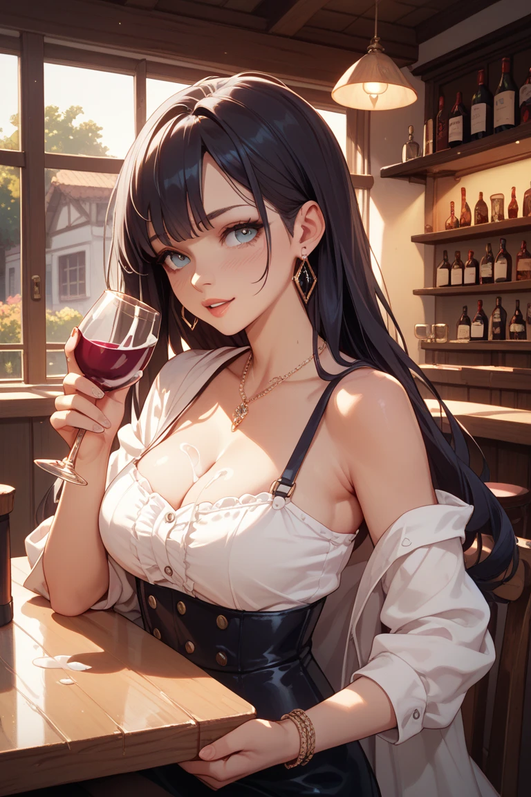 Korean Beauty、Fair skin、Long Black Hair、Big Breasts、Drinking alcohol in the dining room、Realistic Skin