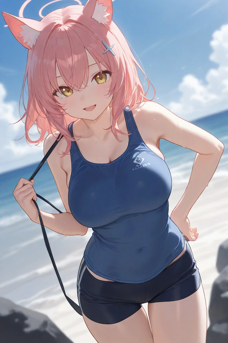 swim wears、hposing Gravure Idol、A pink-haired((masutepiece, Best Quality, hight resolution, nffsw, Perfect Pixel, depth of fields, 4K, nffsw, nffsw))), 1girl in, Single, Solo, Beautiful anime girl, Beautiful Art Style, Anime Character, ((Long hair, Curly hair:0.8)), ((Green eyes:1.4, rounded eyes, Beautiful eyelashes, Realistic eyes)), ((Detailed face, Blushing:1.2)), ((Smooth texture:0.75, Realistic texture:0.65, Photorealistic:1.1, Anime CG style)), medium breasts, Dynamic Angle, Perfect body,