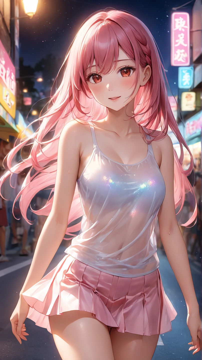 (Best quality, 8k, 32k, Masterpiece, UHD,:1.2),RAW, 1girl,ultra cute , natural lighting,transparent shining eyes, 20yo ,fair complexion, T-shirts, wet, see- through, rainy, mini skirt, embarrassed,  From front, show off bra under T-shirts, wet hair, crying