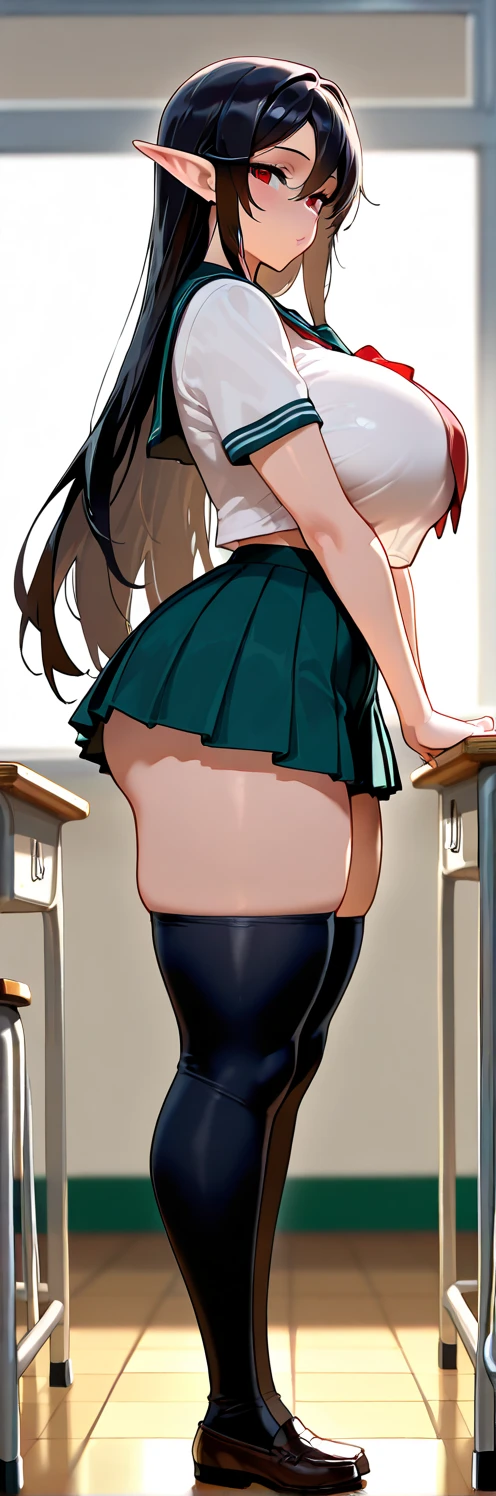 highest quality、one girl,full body figure、child、Ten-year-old、very big boobs,big boobs,perfect 5-fingered hands、Mizuki Yukikaze、school uniform、mini skirt、I can see white panties、whitepanty、shy face、perfect thing、big breasts、two perfect arms、two perfect legs、detailed description、small details、detailed face、white skin、turn around、look back、Pose that emphasizes the buttocks、Voluptuous legs、lift skirt、Skirt flip、erotic pose、Mizuki Yukikaze、hair ribbon, school uniform, green shirt, serafuku, white neckerchief, long sleeves, pleated skirt, black skirt, black thighhighs, loafers