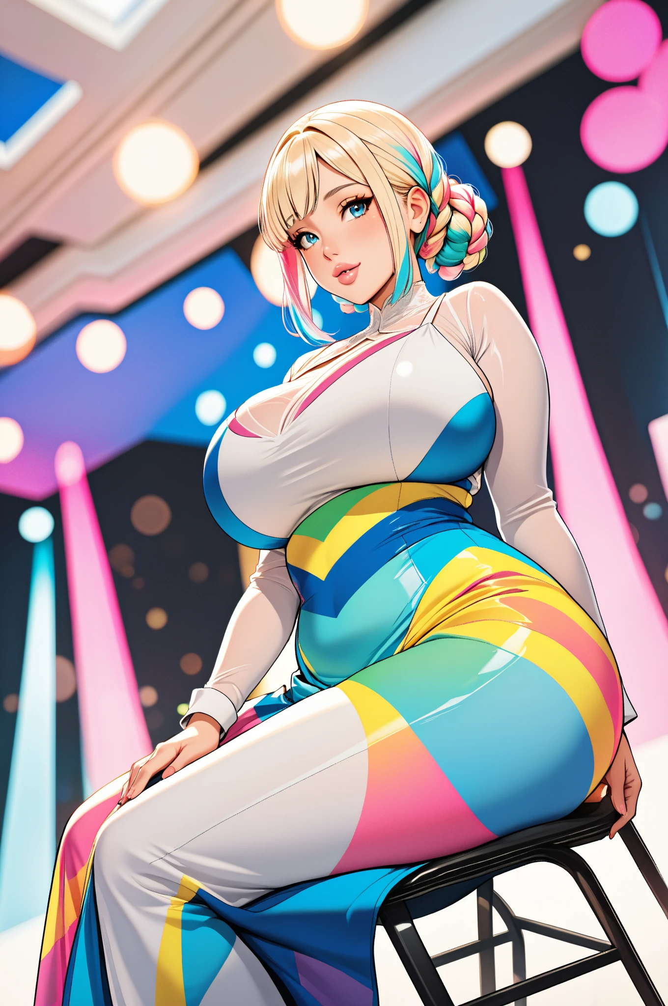 Sexy busty woman wearing (big diaper) magical, colorful, detailed, surprised, happpy, huge inflated breasts, wide hips, seductive, ((mommydom)), bokeh, (latex), cleavage, fishnets, goth, ahego, beautiful eyes