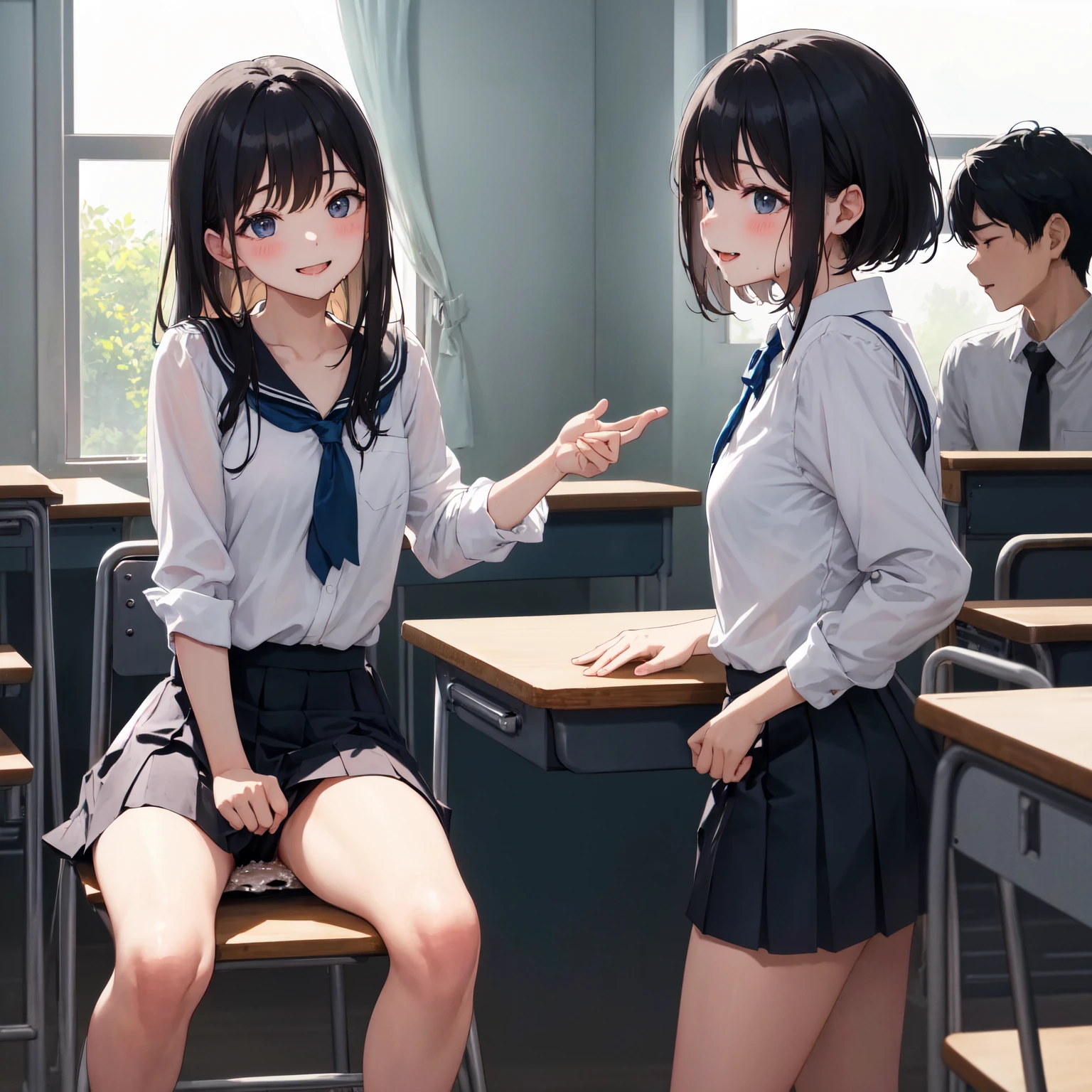 ((masterpiece,Highest quality:1.3,best quality illustration)),cowboy shot,独奏,1woman,14-year-old beauty、black hair,short bob hair,bangs,black eyes,(gorgeous big eyes),((very small head:1.3)),sad,tears,((skinny:1.2)),((tan skin:1.4)),small breasts,(School student uniform、Short sleeve collared shirt、Blue ribbon tie、Blue mini skirt),gleaming skin,oily skin,slender body,sweat,standing,classroom、School、Tokyo、nsfw,