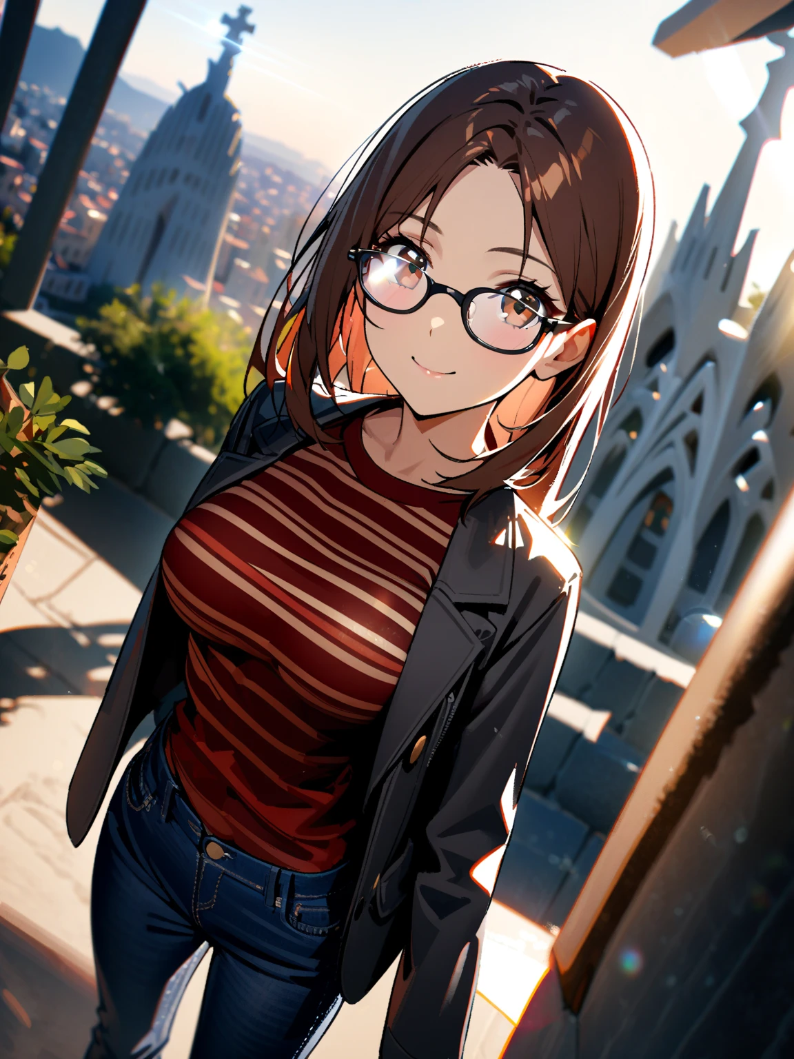 Highest quality,Highest Resolution,1 person,sexy,Short Bob,Very beautiful eyes,smile,Big Breasts,whole body,Glasses,Against the wall