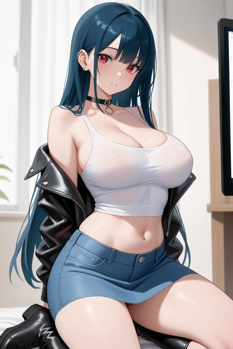 A sexy girl with long dark blue hair with red eyes and with a t-shirt and shorts in a modern apartment in the living room