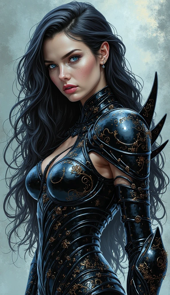 ((masterpiece, Highest quality, High resolution, Realistic, Highest quality,)) Perfect Face, (Detailed face), score_9, score_8_superior, score_7_superior, score_6_superior, score_5_superior, score_4_superior, One girl, Gothic Style, (Fully clothed), Very long hair, Gothic Body Armor, Very good, Exposed breasts, Goth Accessories, goth makesuperior, Beautiful Eyes, Bright colors, High Contrast, Vivid lighting, evaluation_Safety, break, Sapphire blue eyes,
