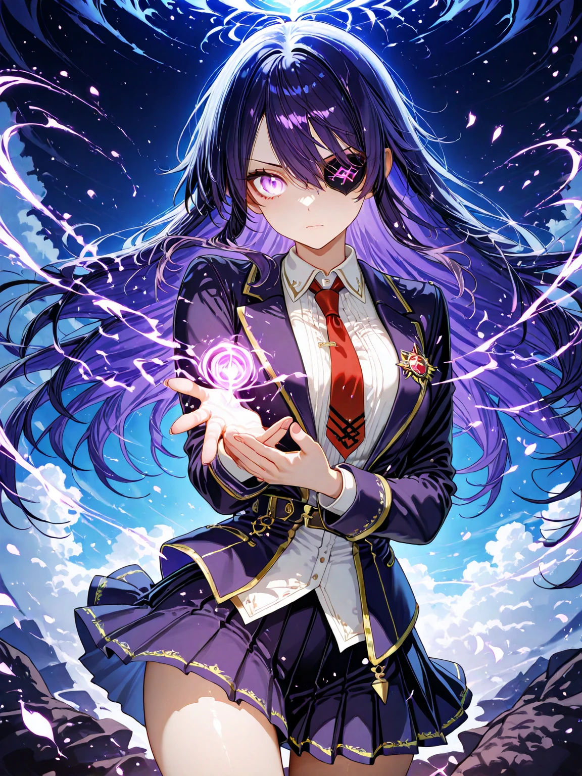 HDR,Dynamic lighting, Concept:
A dramatic schoolgirl who believes she possesses forbidden magical powers poses with an intense expression and dark energy surrounding her.

Main Character:
A teenage girl wearing a Japanese school uniform, a dark pleated skirt, a black blazer, and a red tie.
She wears a black eyepatch over one eye, and the other glows faintly with a mystical light.
Her pose is serious and intense: one hand extended forward, the other clutching a book of forbidden spells.

Her gloves or arms are wrapped in arcane-looking bandages, and dark magical sigils glow faintly on her skin.
She has long, dark hair that flows dramatically, with purple or blue highlights.

Atmosphere and Style:
High-quality anime illustration, rich in detail and shading.
Color Palette: Deep purples, blacks, midnight blue, dark reds: elegant and melancholic. Strong contrast with bright accents (such as her eye, sigils, or magical aura) to enhance the supernatural atmosphere.

Background:
A dark and surreal rooftop, under stormy clouds or moonlight.
Arcane circles float behind her or rise from the ground as if she were casting a powerful spell.
Some glowing petals or embers float in the air to add movement and mystery.

Style:
Highly detailed, dramatic anime art.
Dark fantasy atmosphere with cinematic lighting.
Emphasis on expression, textures (such as fabric, hair, magical effects), and composition.