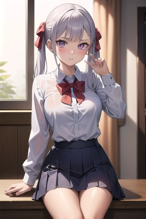 Girl in school uniform with white hair smiling cheerful face sitting in a sexy way blushing