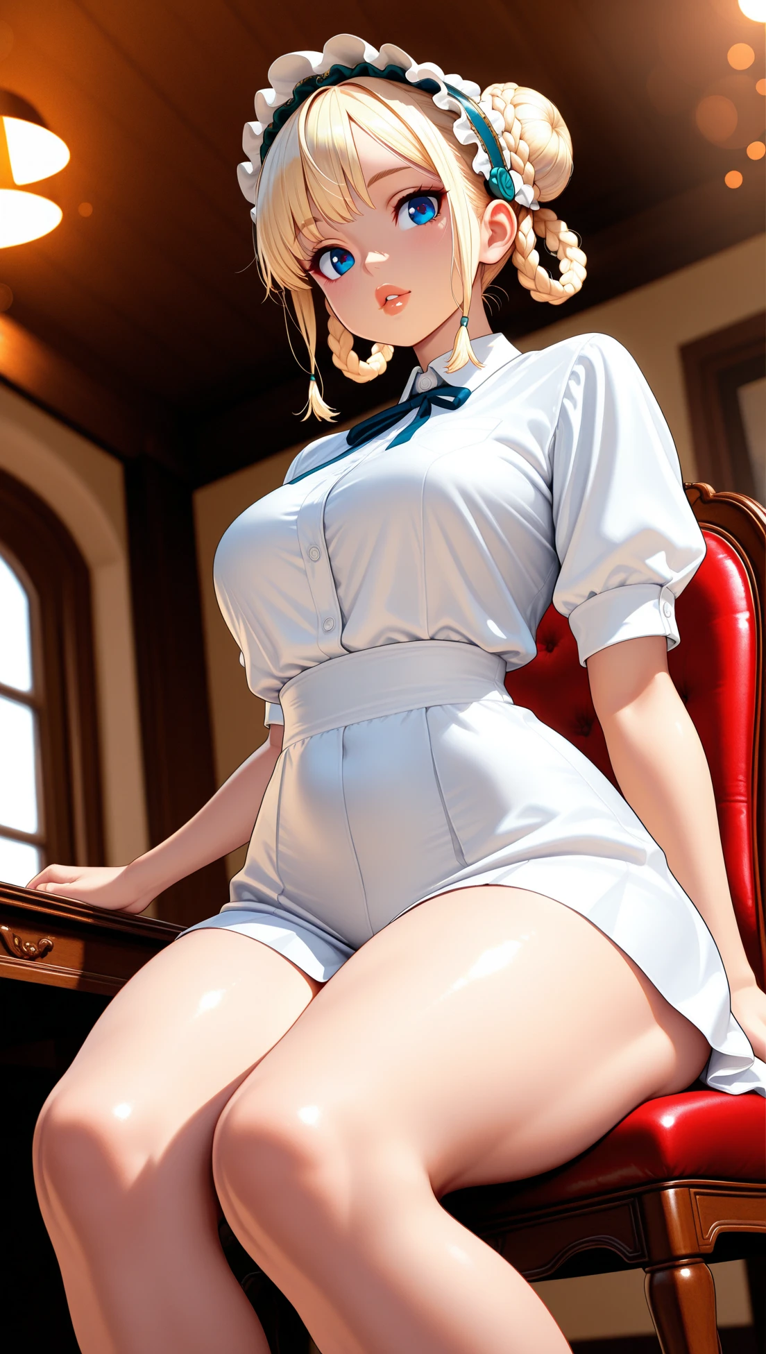 Girl, smile, red lips, big nose, big , big breats, fair skin, smile, long hair, yellow hair colors, sexy body, sexy girl, sexy pose, beautiful girl, big ass, maid costume, white underpants colors, pantyhose, white pantyhose colors, hig heels, black hig heels coolors, realistic girl pose, in room, sexy girl pose sit on the chair, gaze looking at the camera,