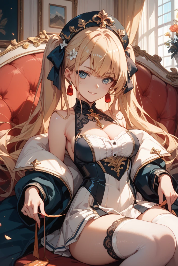 (A woman with big tits),Attractive woman,Light blond long hair,clavicle,Gemstone Necklace,Off-shoulder,Rococo,short dress,Lace,Garter stockings,Heart,Intricate details,Beautifully,Charm,Lying in bed,(blush),Sleepy,Sleepy and hazy,