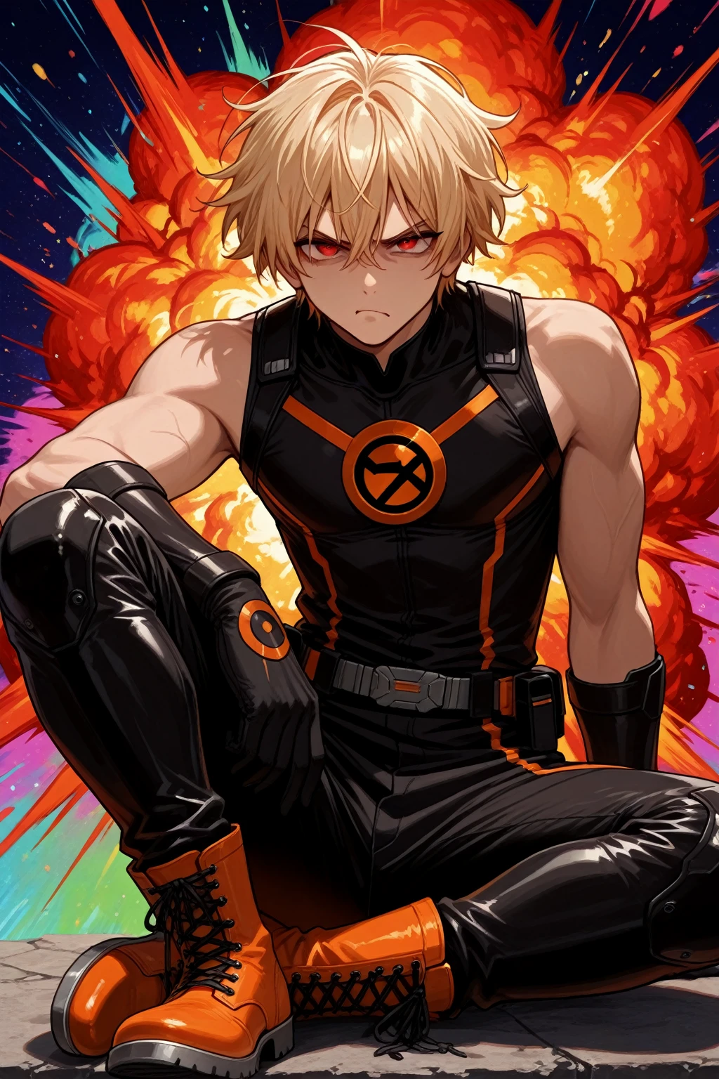 Anime-Serie boy with a bondage ball in his mouth, fire burning aura around him , black skin, wearing cyborg clothes, green eyes