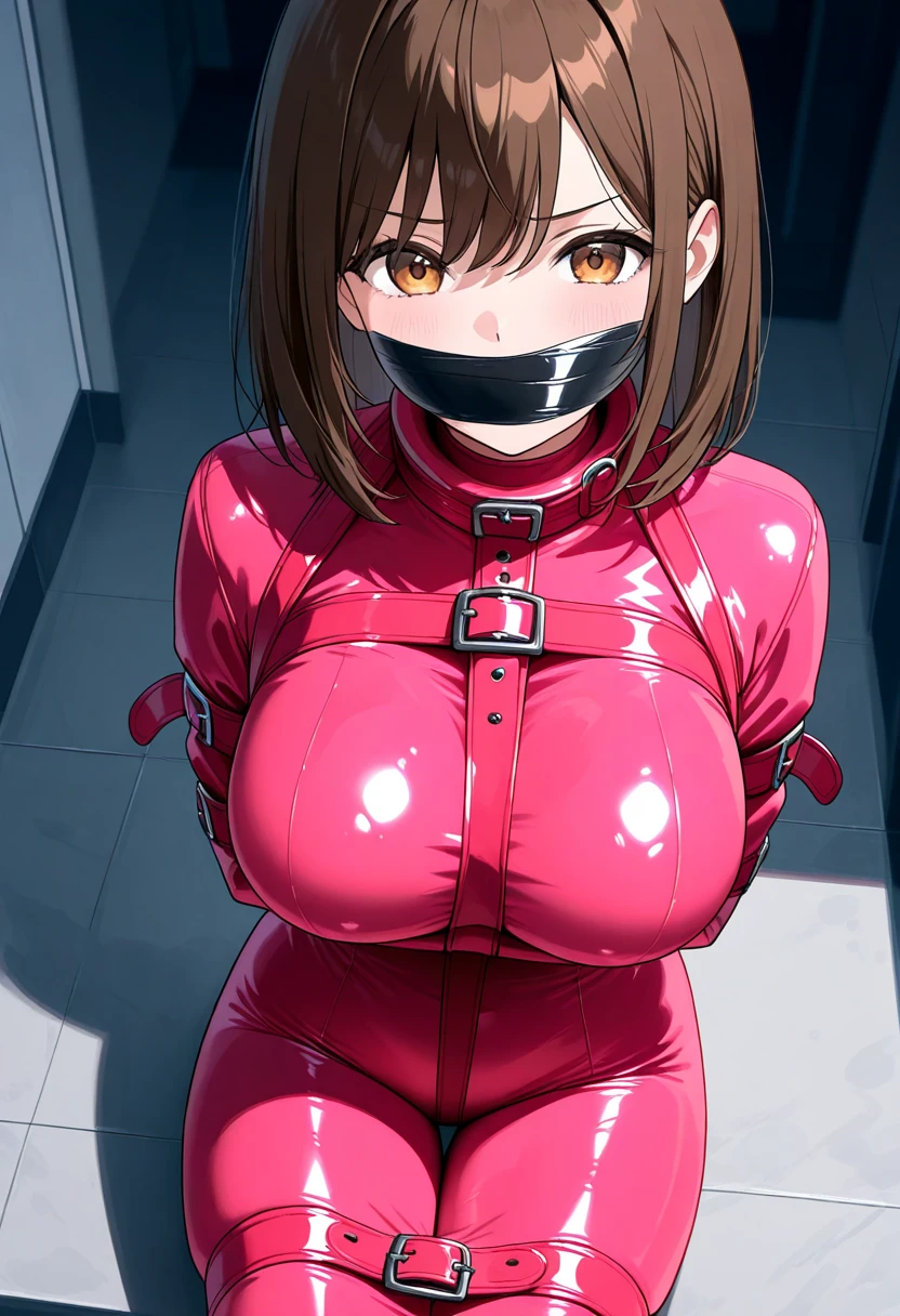 girl, 8K, Ultra-high resolution, Highest quality, masterpiece, Realistic, RAW images, perspective, Five fingers, Depth of written boundary, (Dressed as the Pink Power Ranger), Huge breasts:1.6、 (Tight latex bondage suit:1.4), (armor), (Super Sentai), Full Face Helmets, Pink Ranger